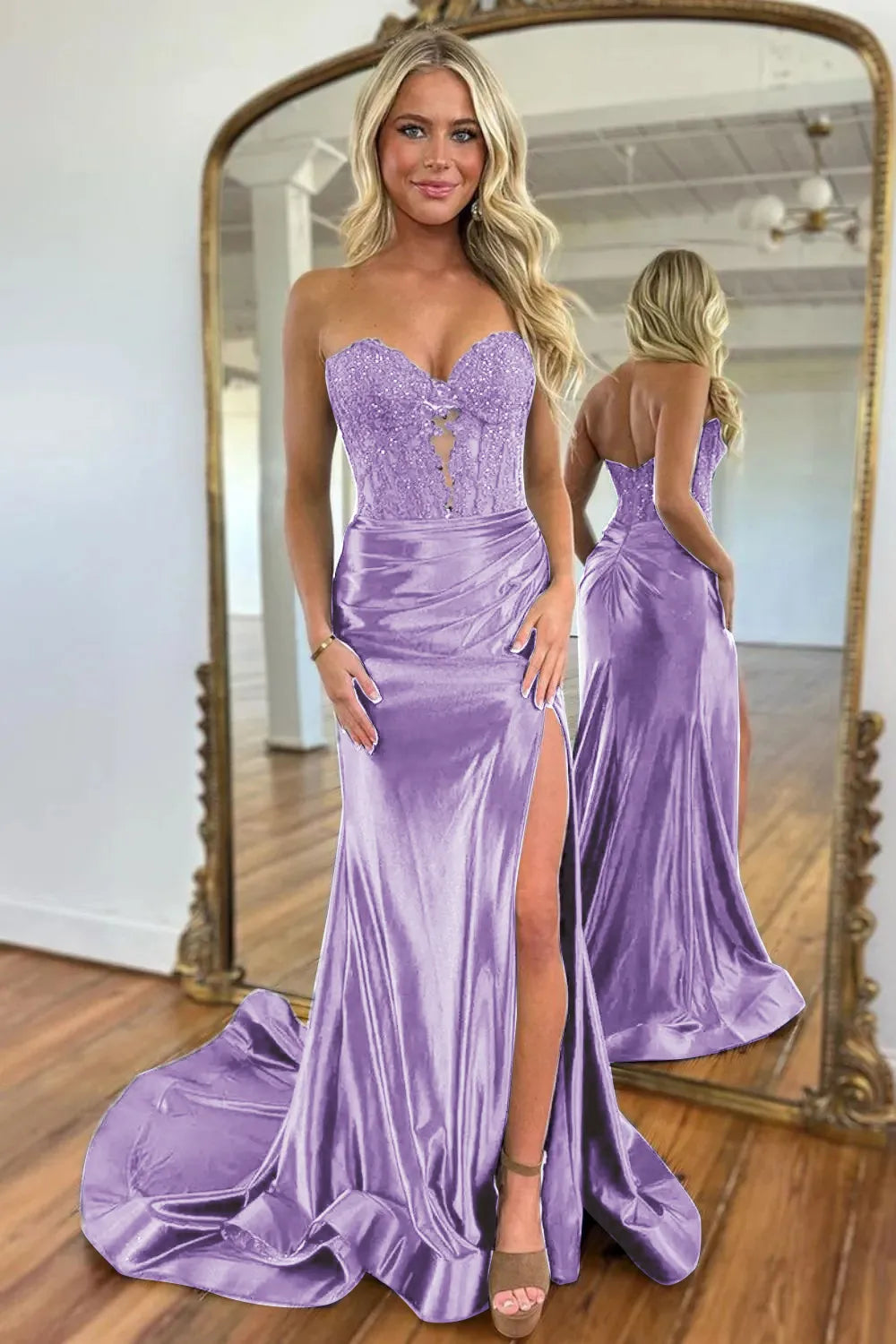 Gorgeous Mermaid Sweetheart Navy Blue Satin Prom Dress with Appliques Split