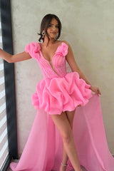 Neon Pink Asymmetric Flower Shoulder High Low Ruffled Gown