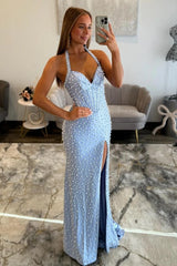 Luxury Light Blue Halter Neck Mermaid Pearl Beaded Prom Dress with High Slit