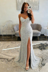 Sparkly Silver Beaded Mermaid Prom Dress with Deep V-Neck and Front Slit