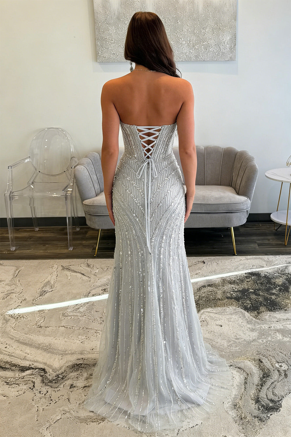 silver backless prom dress Sliver Rhinestones Sequined Mermaid Long Train Prom Dress