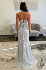 Sparkly Silver Beaded Mermaid Prom Dress with Deep V-Neck and Front Slit