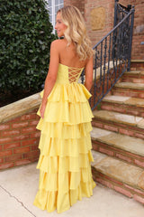 Strapless Yellow Tiered Ruffle Satin Prom Ball Gown with Beaded Neckline