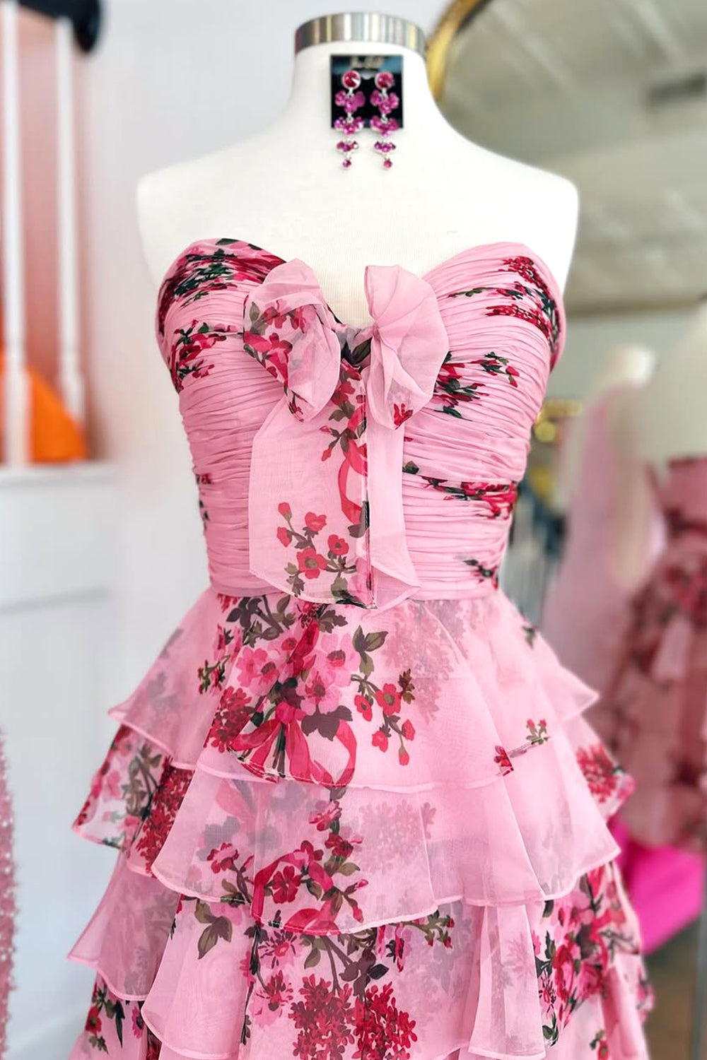 Floral A-Line Ruffle Tiered Short Homecoming Dress with Bow Detail