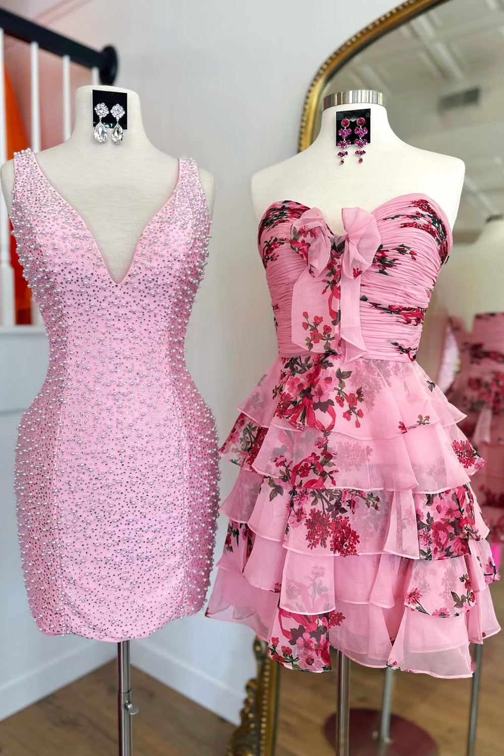 Floral A-Line Ruffle Tiered Short Homecoming Dress with Bow Detail