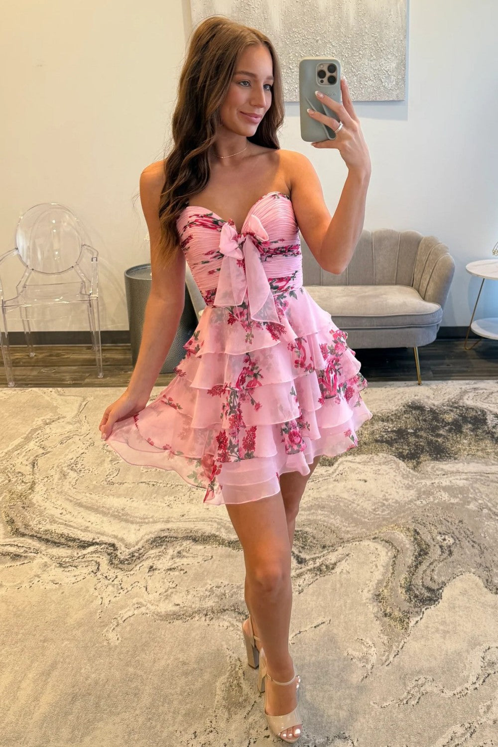 Floral A-Line Ruffle Tiered Short Homecoming Dress with Bow Detail