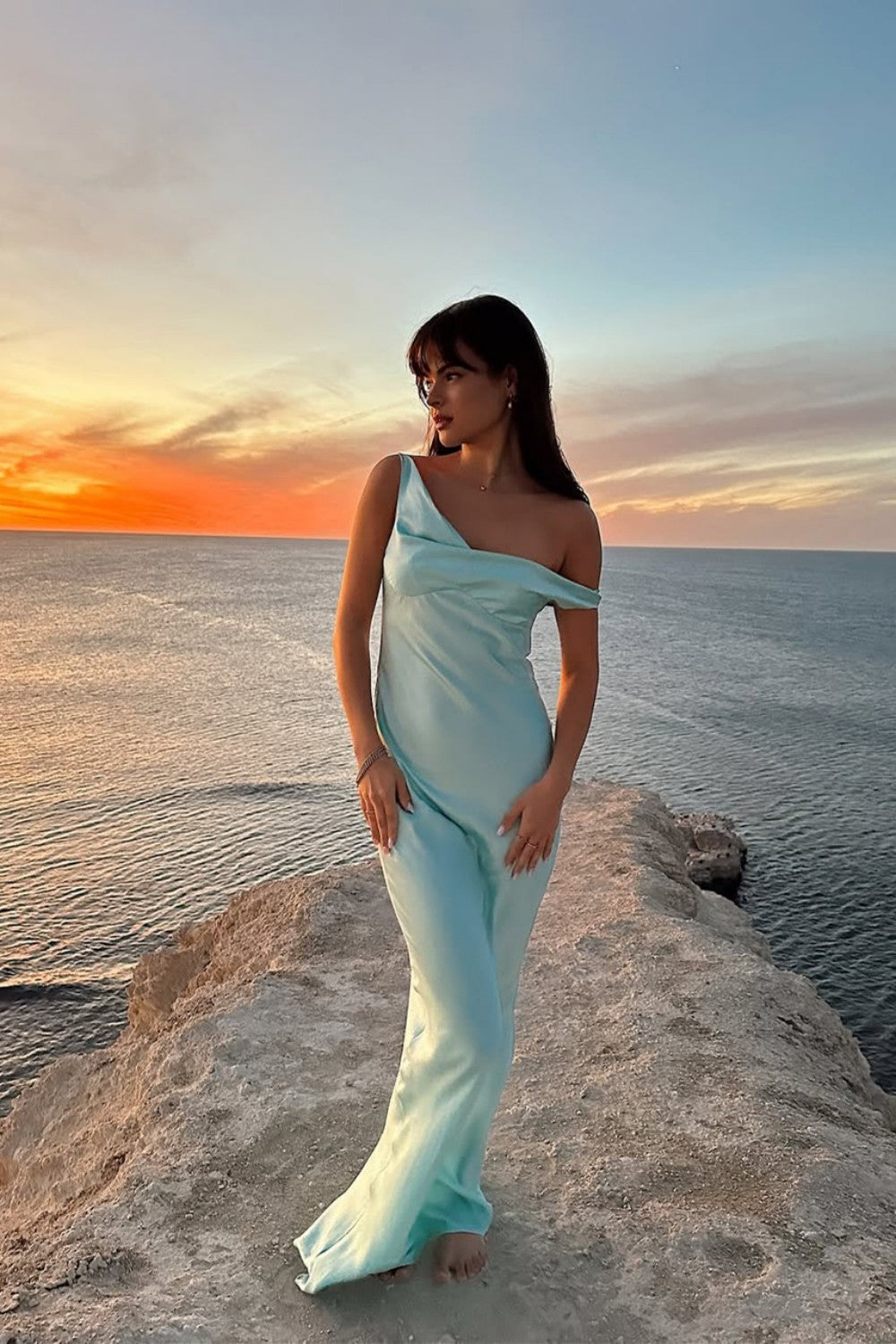 One-Shoulder Satin Prom Gown with Draped Off-Shoulder Detail