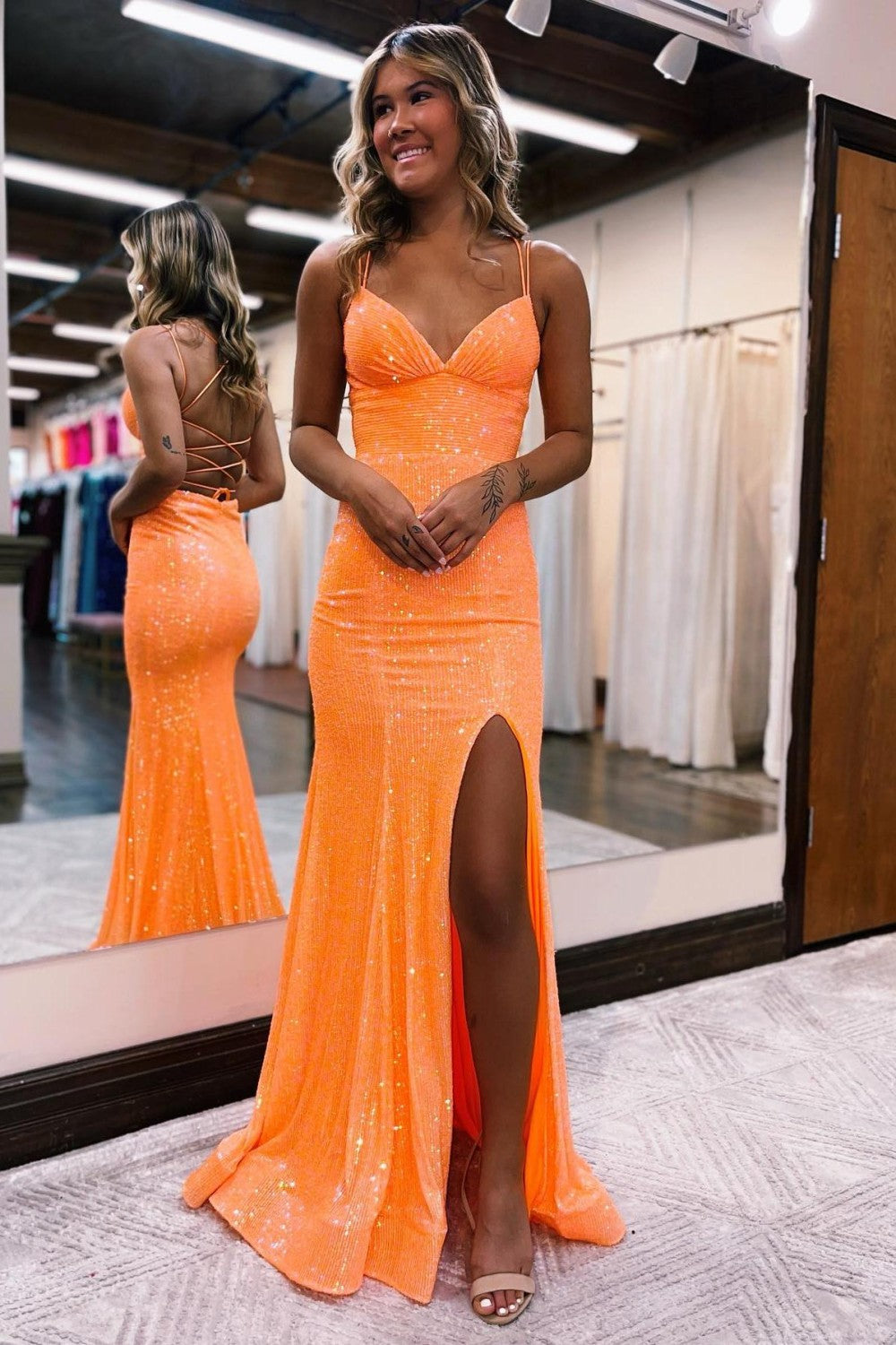 Orange Sequin Spaghetti Straps Lace Up Long Prom Dress with Slit
