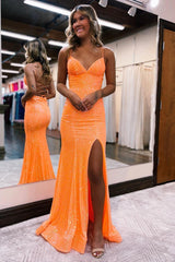 Orange Sequin Spaghetti Straps Lace Up Long Prom Dress with Slit