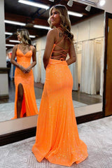Orange Sequin Spaghetti Straps Lace Up Long Prom Dress with Slit