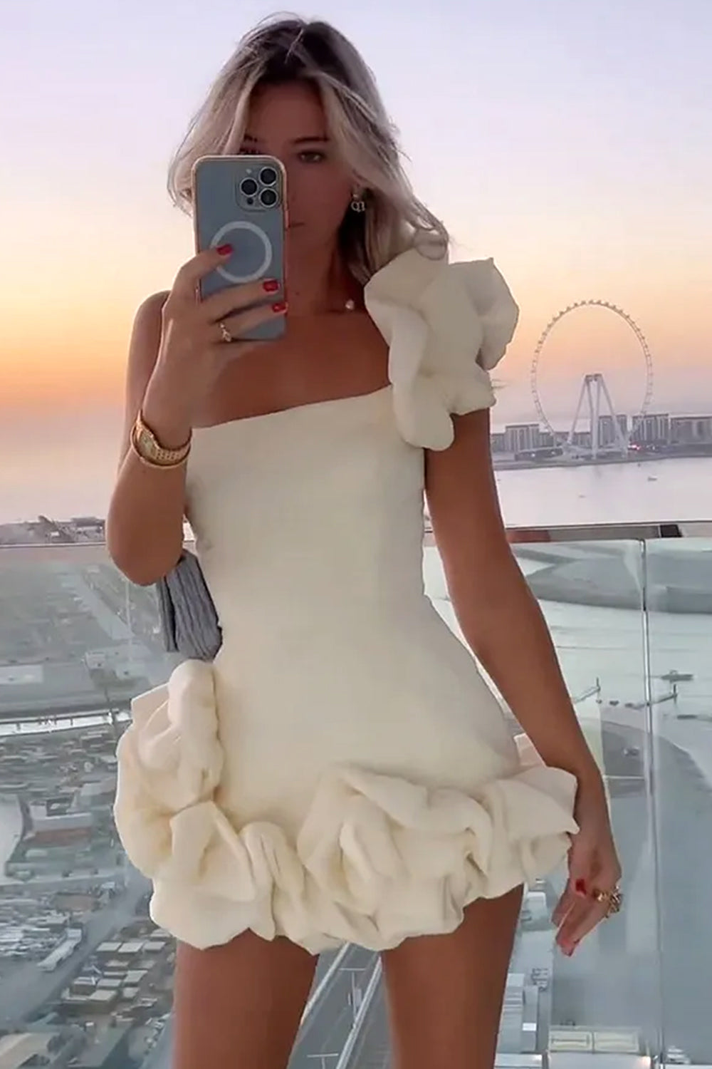 Gorgeous Bodycon One Shoulder White Short Homecoming Dress with 3D Flowers