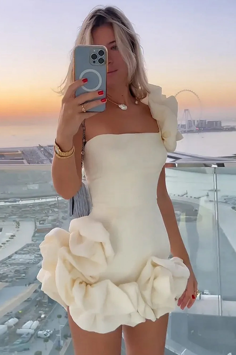 Gorgeous Bodycon One Shoulder White Short Homecoming Dress with 3D Flowers