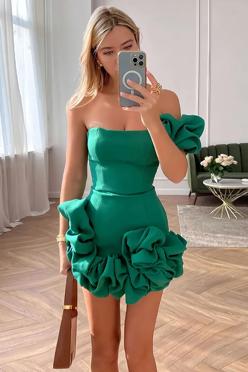 Gorgeous Bodycon One Shoulder White Short Homecoming Dress with 3D Flowers