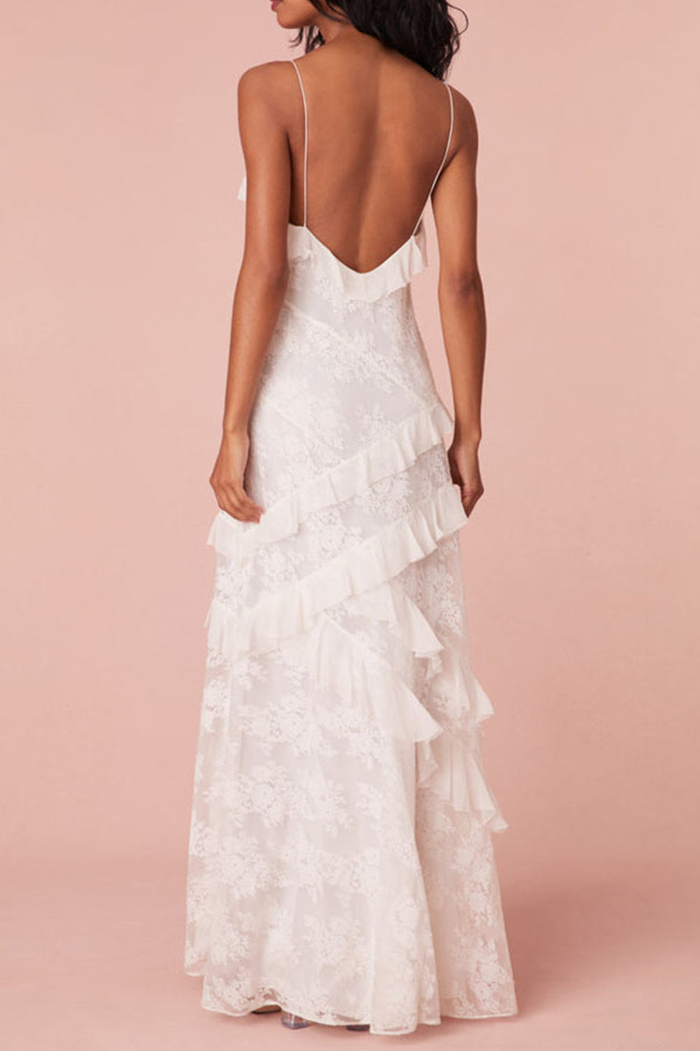 Furlla Women White Sheath Spaghetti Straps Backless Long Dress with Ruffles Graduation Dress Furlla Official Furlla Women White Sheath Spaghetti Straps Backless Long Dress with Ruffles Graduation Dress Furlla Official