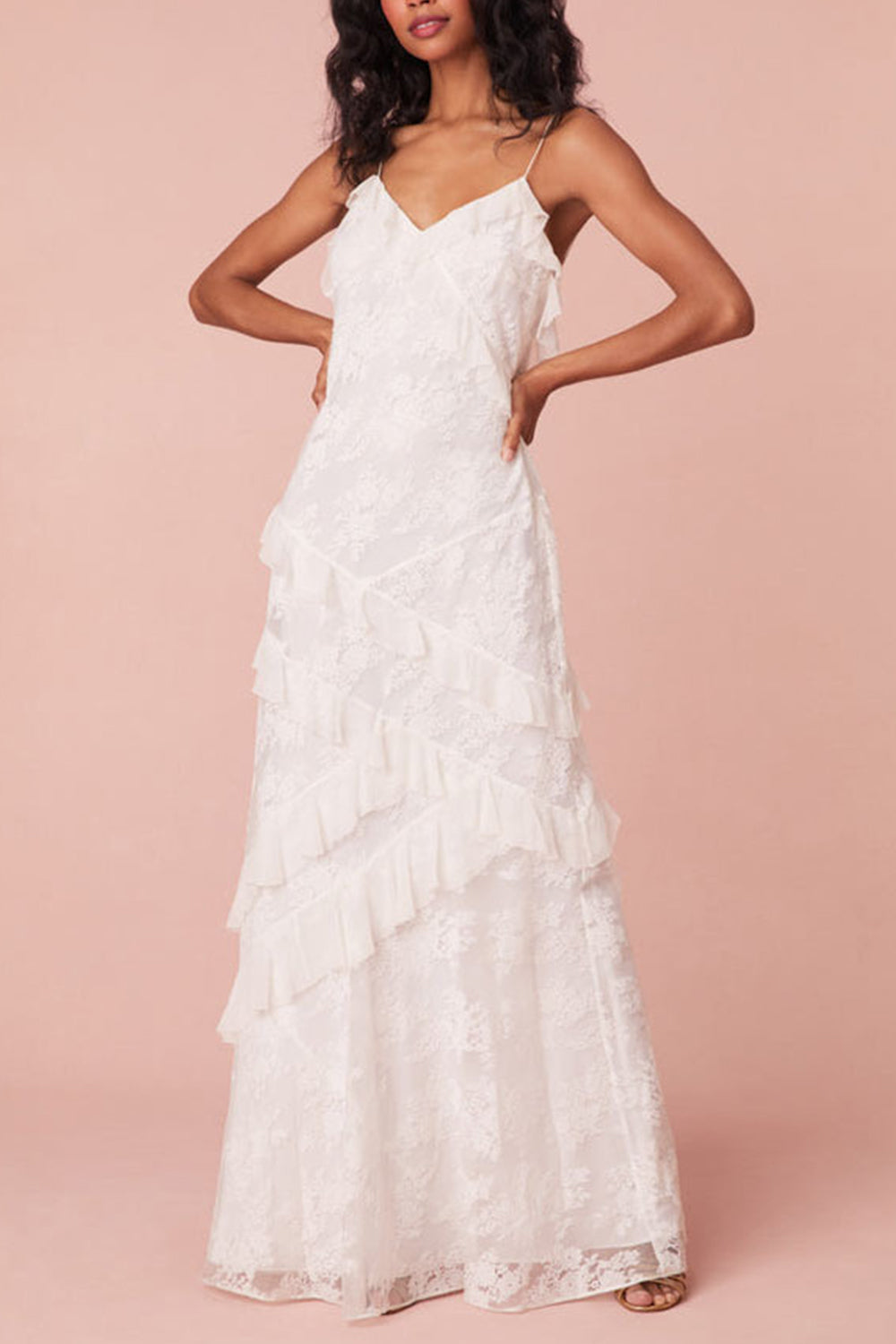 Furlla Women White Sheath Spaghetti Straps Backless Long Dress with Ruffles Graduation Dress Furlla Official Furlla Women White Sheath Spaghetti Straps Backless Long Dress with Ruffles Graduation Dress Furlla Official