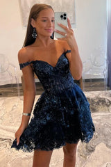 Sparkly A Line Homecoming Dress with Off the Shoulder Neckline Short Tiered Sequin Skirt