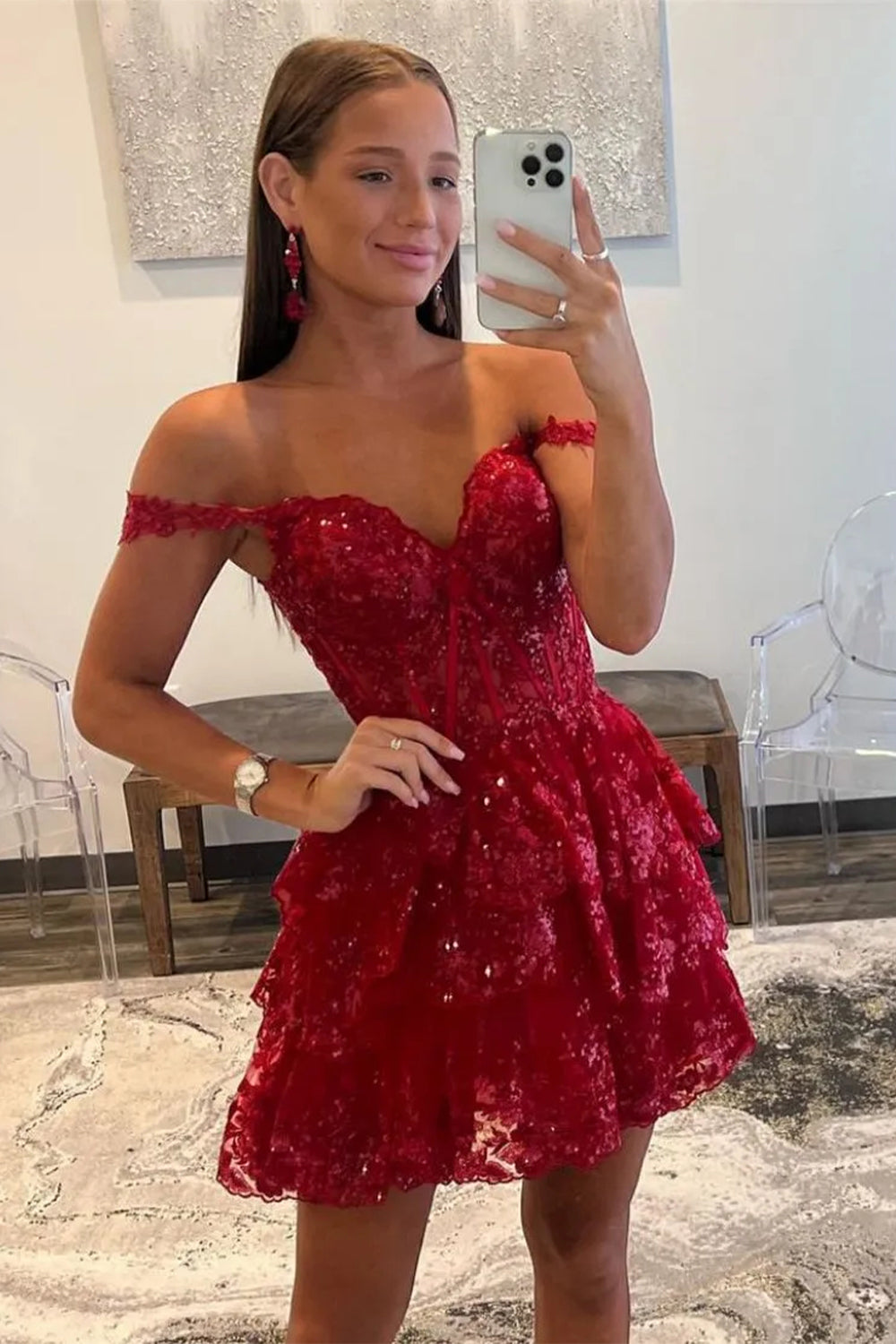 Sparkly A Line Homecoming Dress with Off the Shoulder Neckline Short Tiered Sequin Skirt
