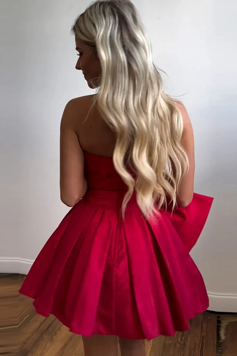 Cute A-Line Strapless Short Satin Dress with Bow Homecoming Dress