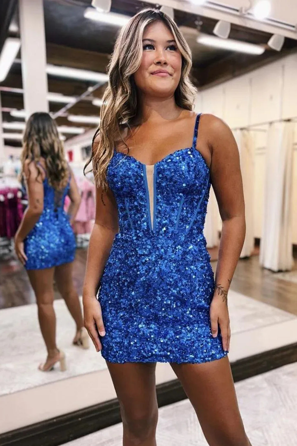 Sparkly Royal Blue Spaghetti Straps Tight Sequin Dress Homecoming Dress