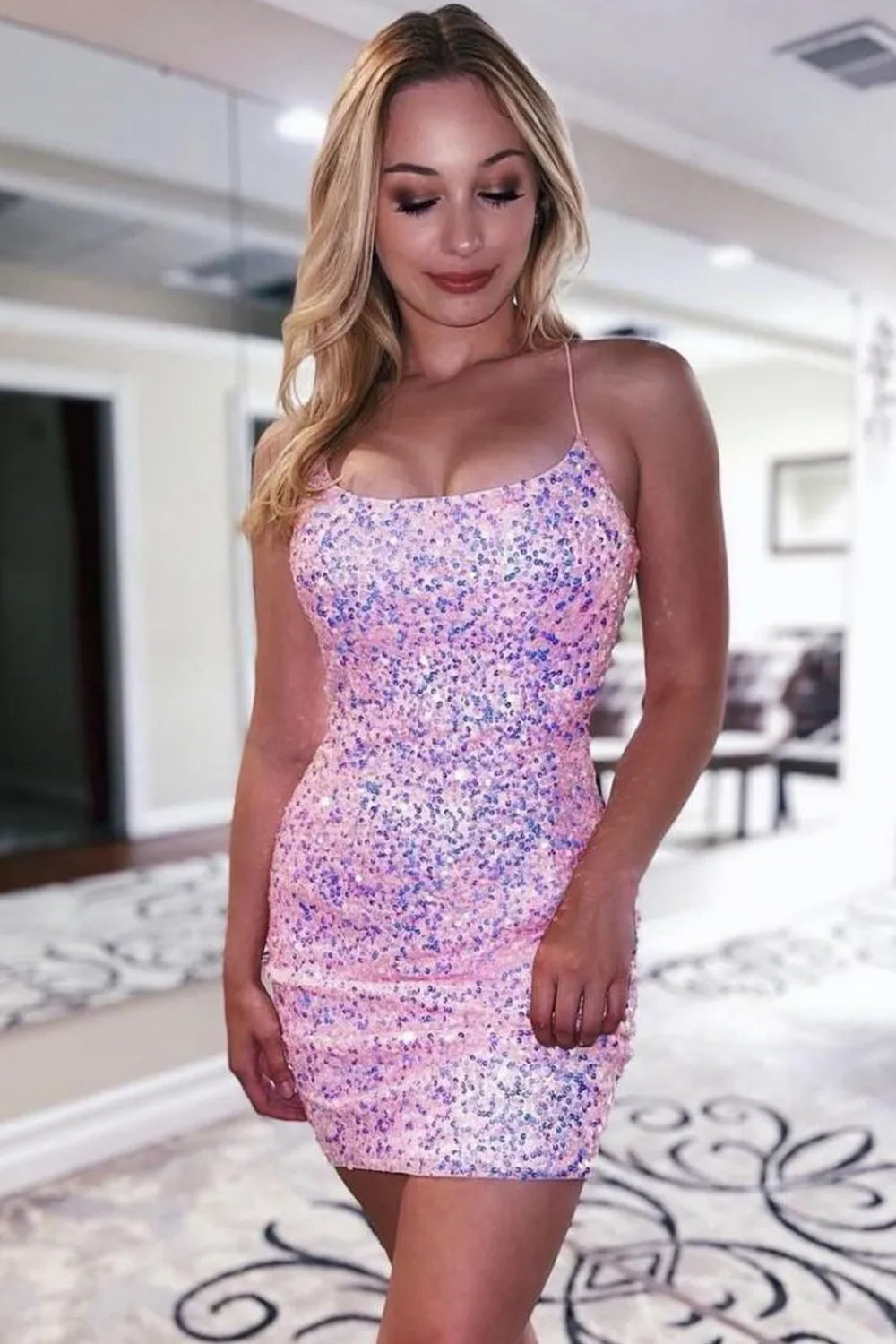 Stunning Royal Blue Lace Up Spaghetti Straps Glitter Sequin Tight Dress Homecoming Dress