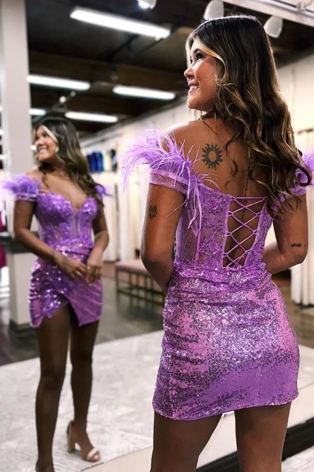 Gorgeous Bodycon Off The Shoulder Lace Up Sequin Dress with Feather Homecoming Dress