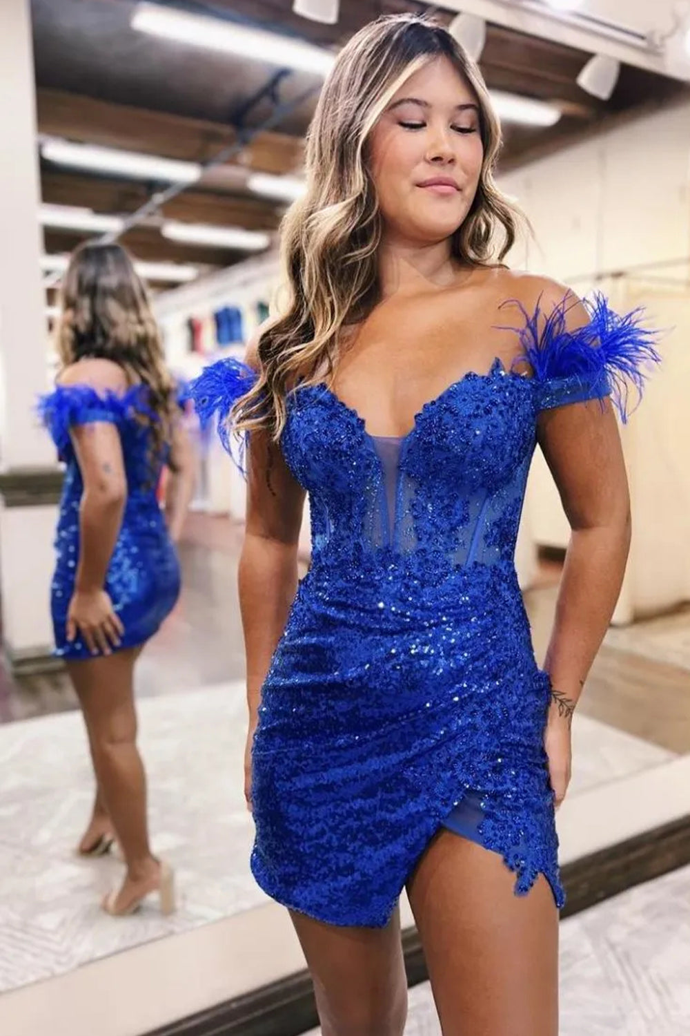 Gorgeous Bodycon Off The Shoulder Lace Up Sequin Dress with Feather Homecoming Dress