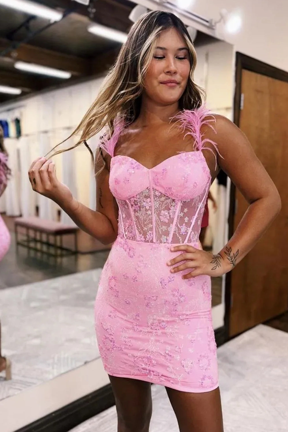 Stunning Bodycon Dress with Feather Spaghetti Straps and Lace Up Glitter Homecoming Dress