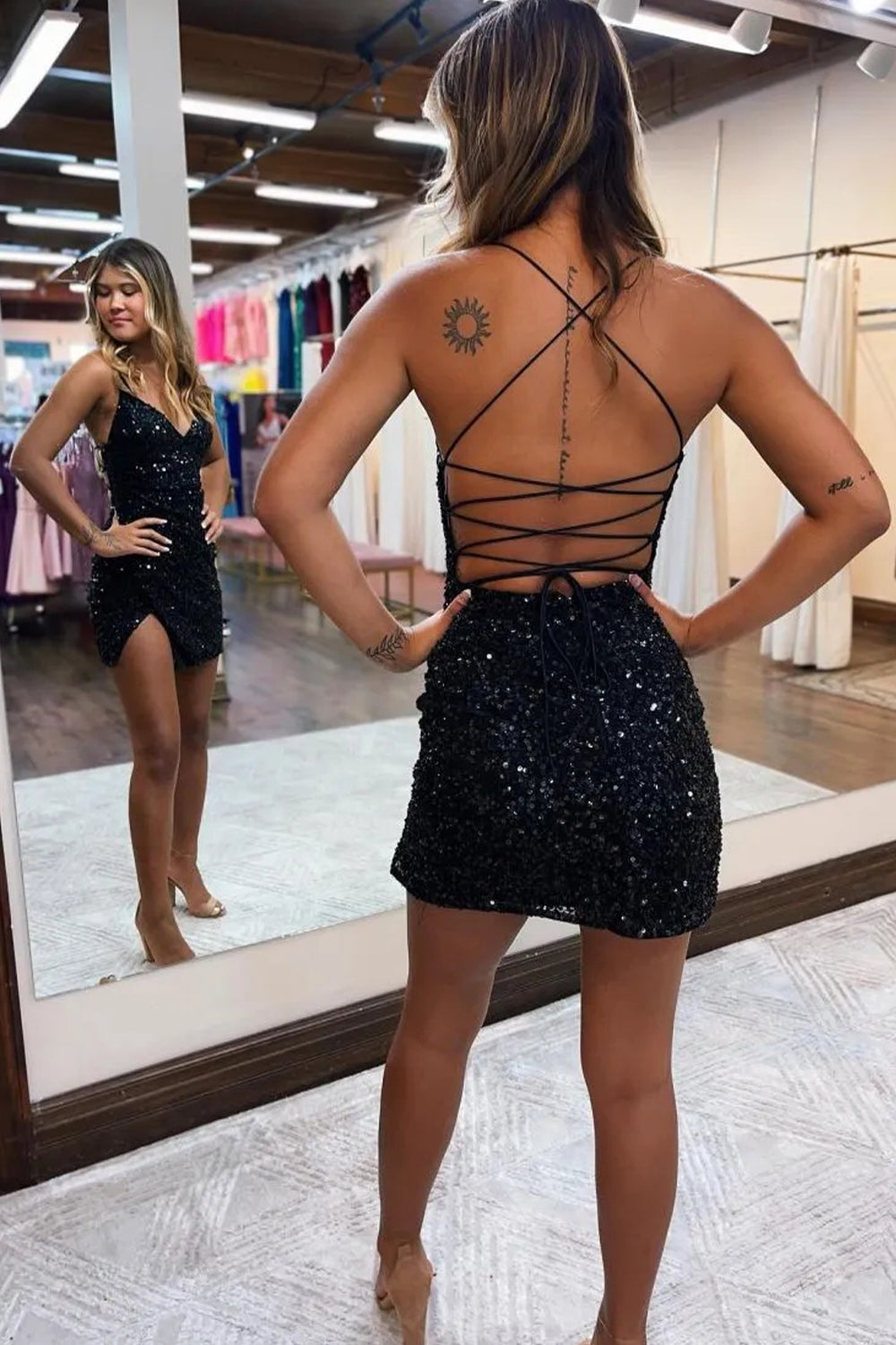 Sparkly Bodycon Style with Sequin Shine and Spaghetti Strap Lace-Up Detail Homecoming Dress