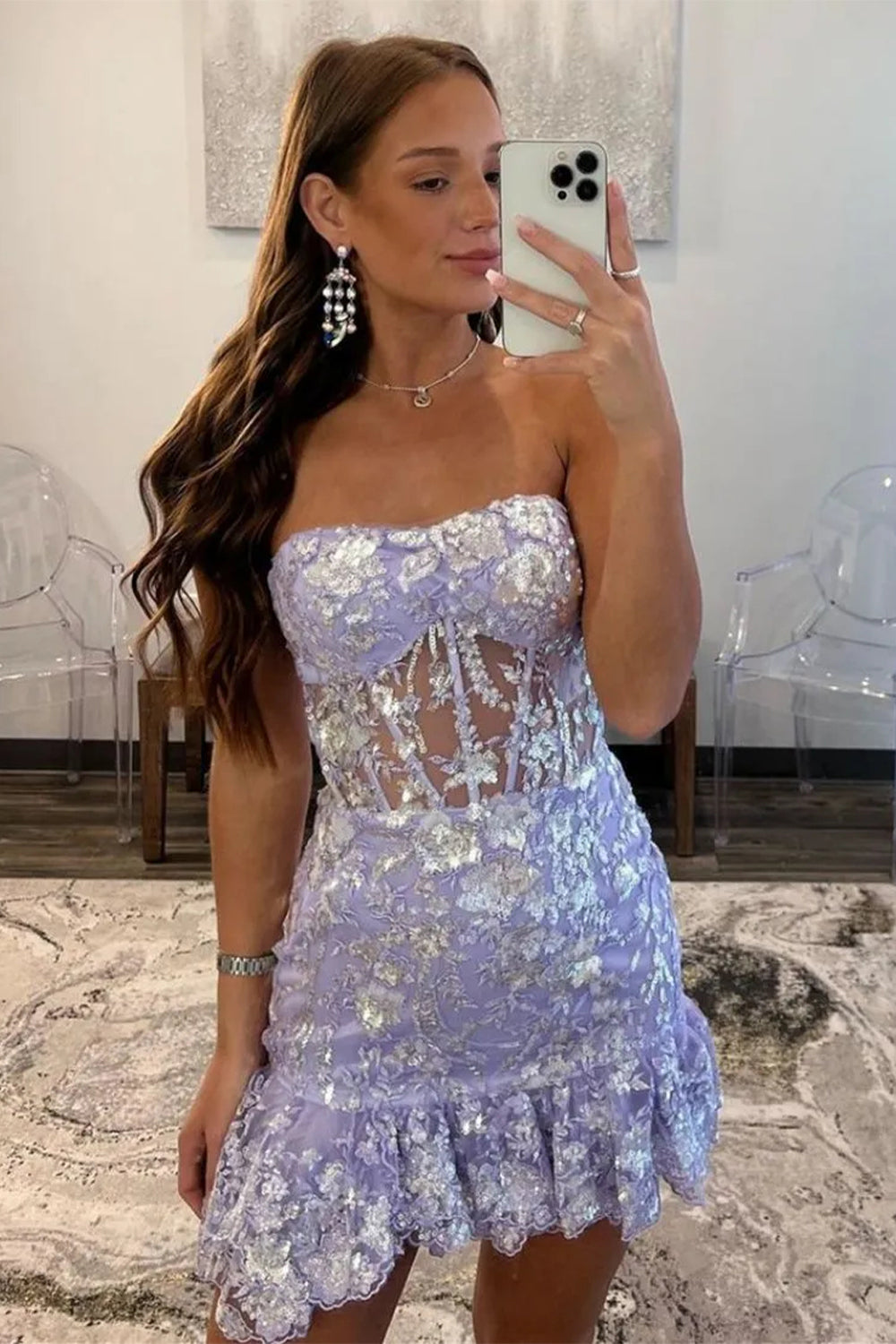 Gorgeous Lilac Strapless Sparkly Tight Short Dress with Sequin Accents Homecoming Dress