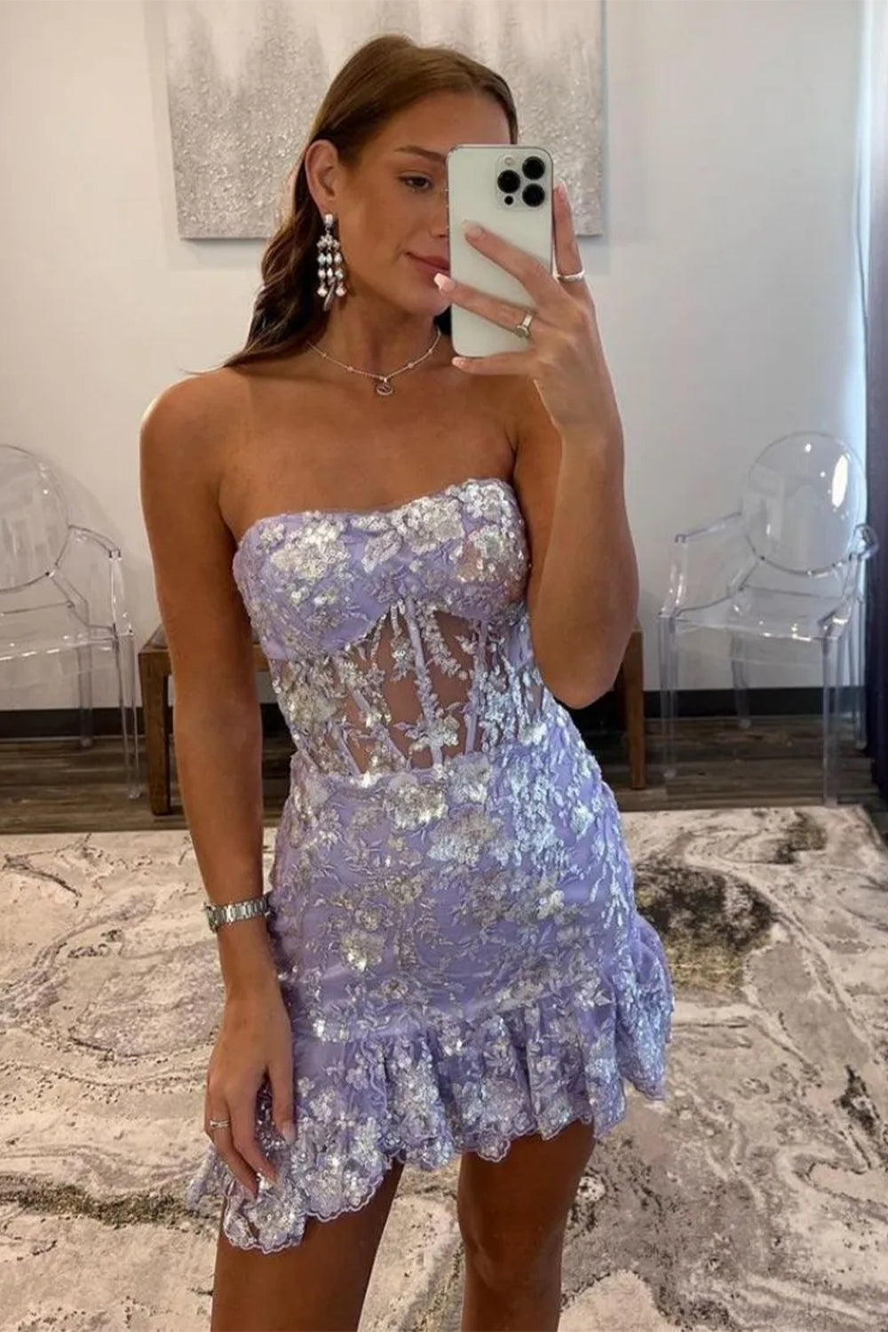 Gorgeous Lilac Strapless Sparkly Tight Short Dress with Sequin Accents Homecoming Dress