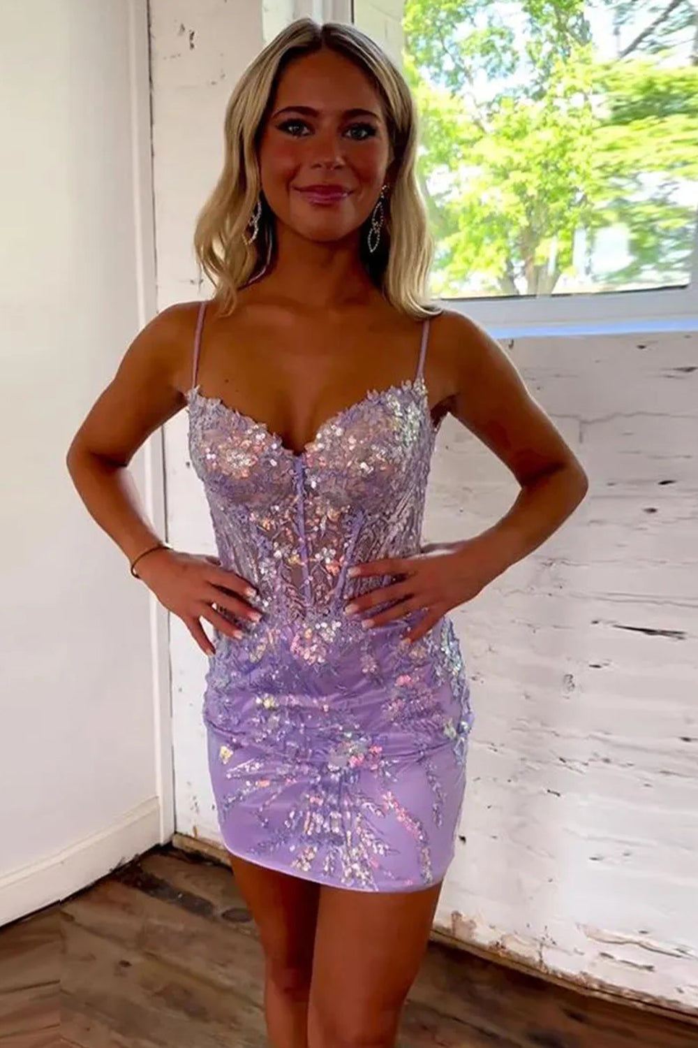 Lilac Sparkly Bodycon Dress with Spaghetti Straps and Sequin Details Homecoming Dress