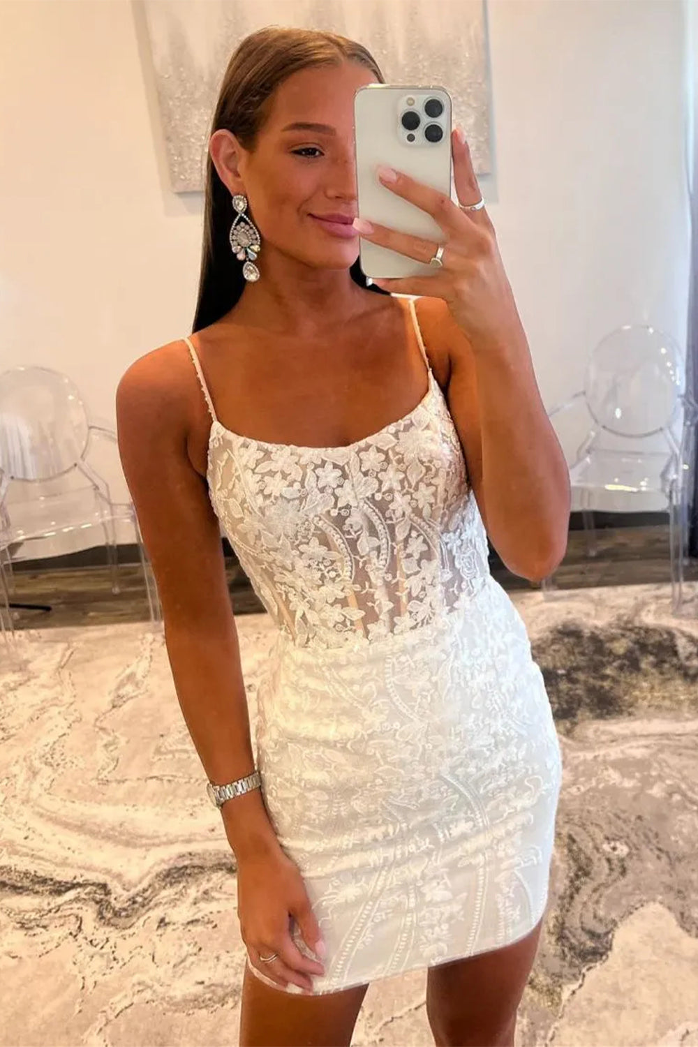 Gorgeous Glitter Bodycon Short Dress with Spaghetti Straps and Lace Up Back Homecoming Dress