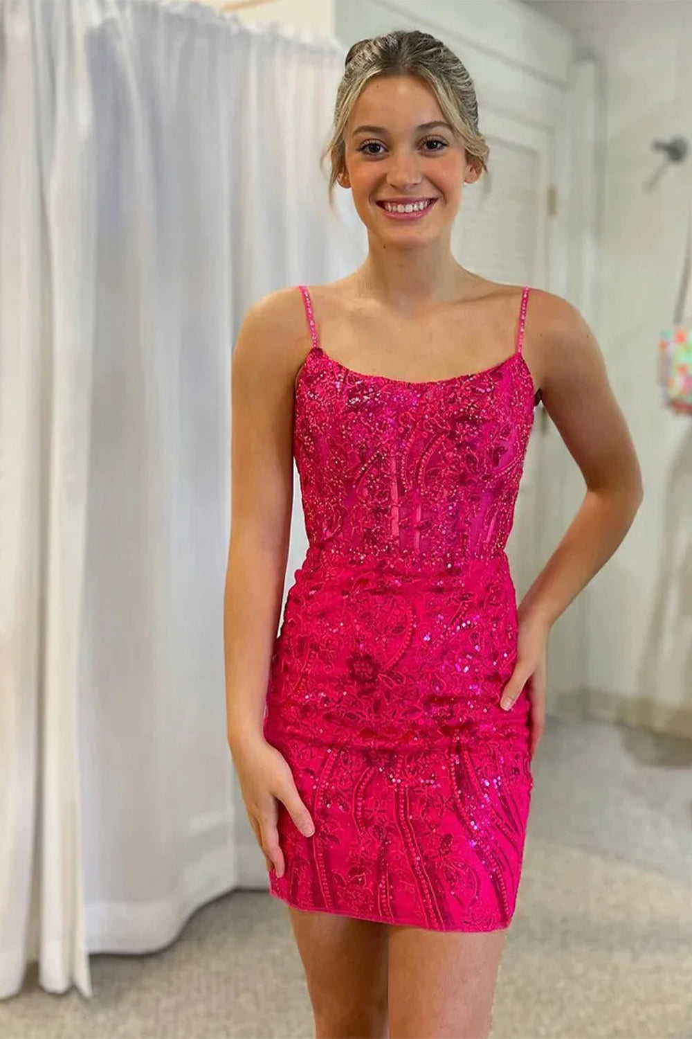 Gorgeous Glitter Bodycon Short Dress with Spaghetti Straps and Lace Up Back Homecoming Dress