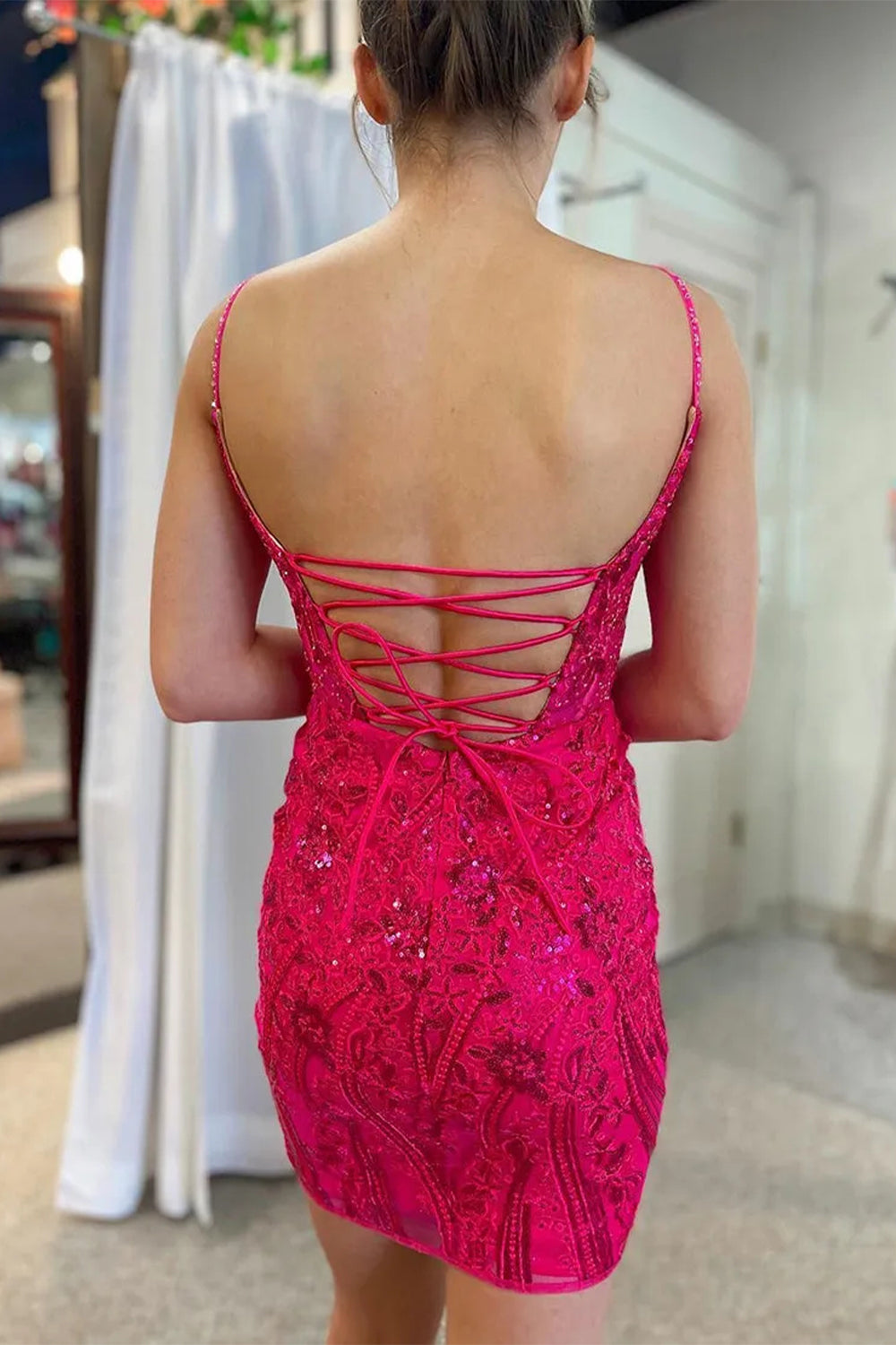 Gorgeous Glitter Bodycon Short Dress with Spaghetti Straps and Lace Up Back Homecoming Dress