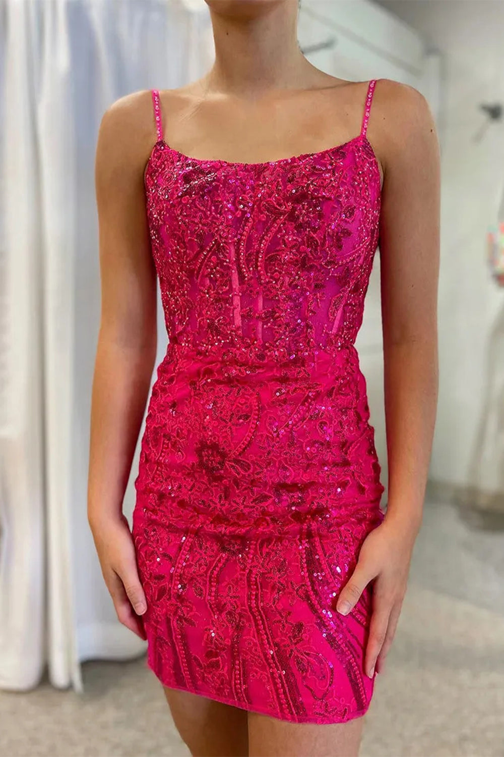 Gorgeous Glitter Bodycon Short Dress with Spaghetti Straps and Lace Up Back Homecoming Dress