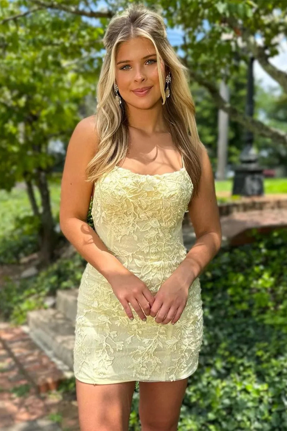 Furlla Women Short Yellow Bodycon Spaghetti Straps Homecoming Dress with Lace Detail Furlla Official Furlla Women Short Yellow Bodycon Spaghetti Straps Homecoming Dress with Lace Detail Furlla Official