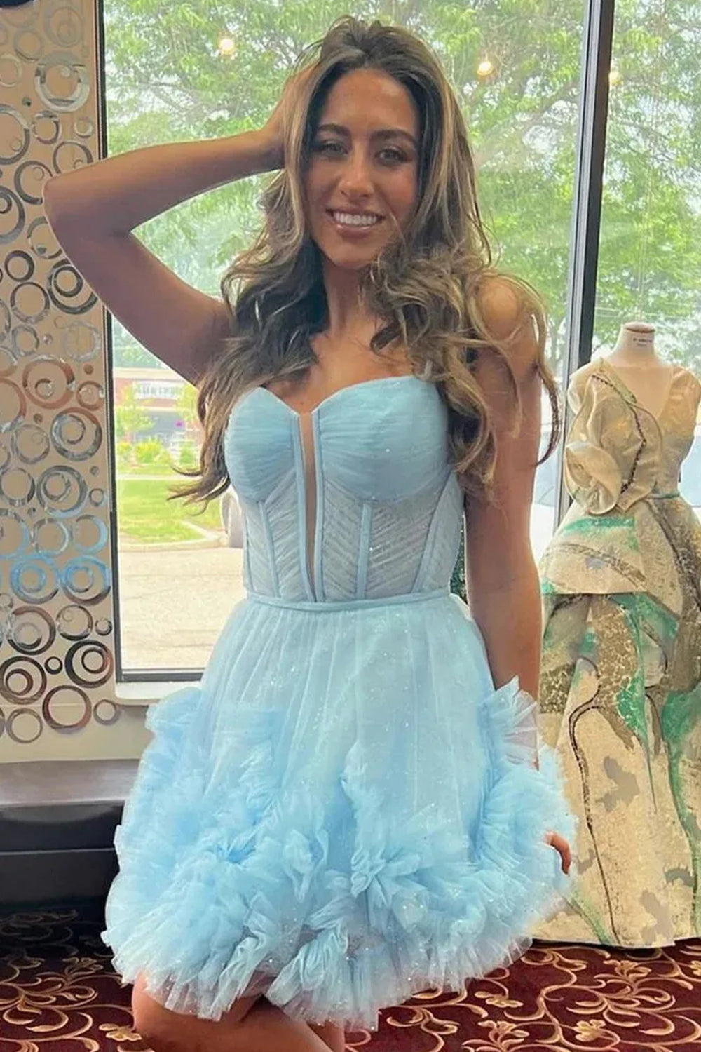 Cute A-Line Tulle Dress with Spaghetti Straps Lace-Up Back and Ruffle Detail Homecoming Dress