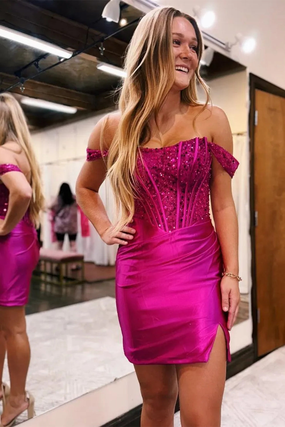 Sparkly Satin Bodycon Mini with Off the Shoulder Neckline Homecoming Dress