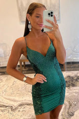 Dark Green Glitter Homecoming Dress with Corset Bodice and Appliques