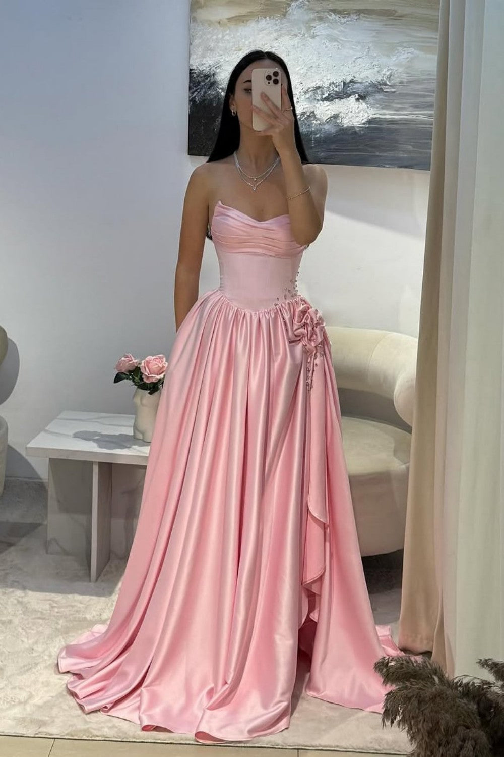 Pale Pink Satin Strapless Homecoming Dress with Rhinestone 3D Flower and High Slit