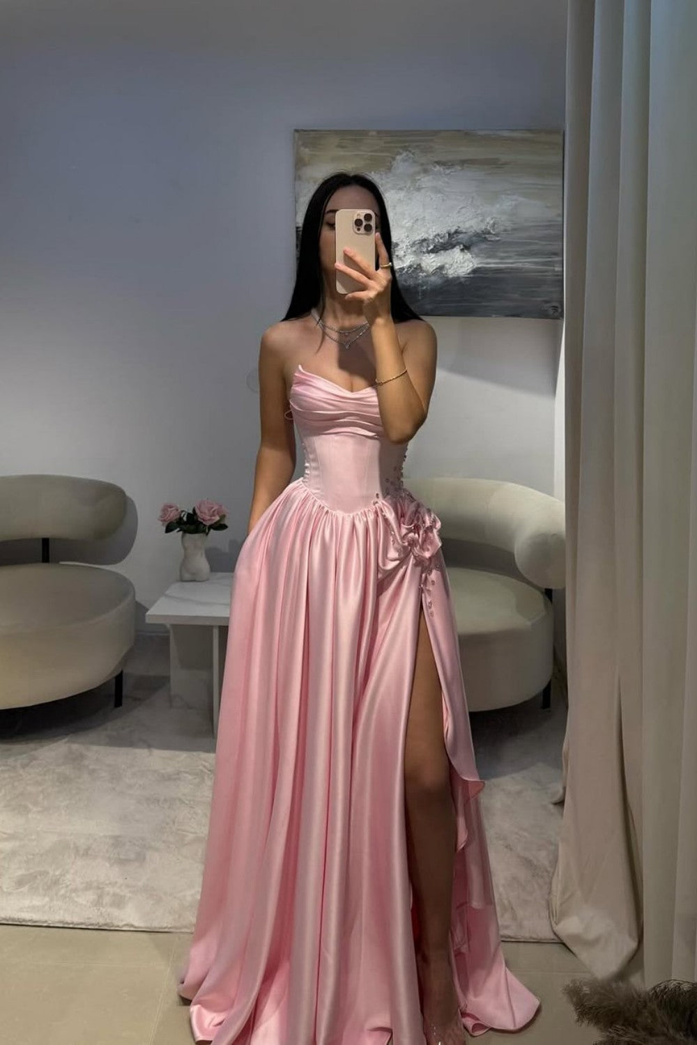 Pale Pink Satin Strapless Homecoming Dress with Rhinestone 3D Flower and High Slit
