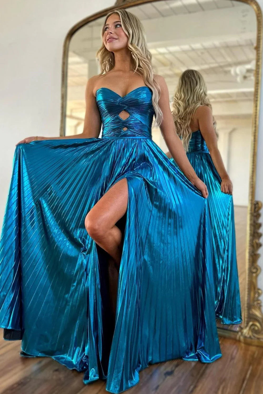 Peacock Blue Metallic A-Line Prom Dress with Sweetheart Neckline and Slit
