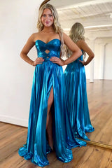 Peacock Blue Metallic A-Line Prom Dress with Sweetheart Neckline and Slit