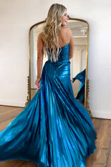 Peacock Blue Metallic A-Line Prom Dress with Sweetheart Neckline and Slit