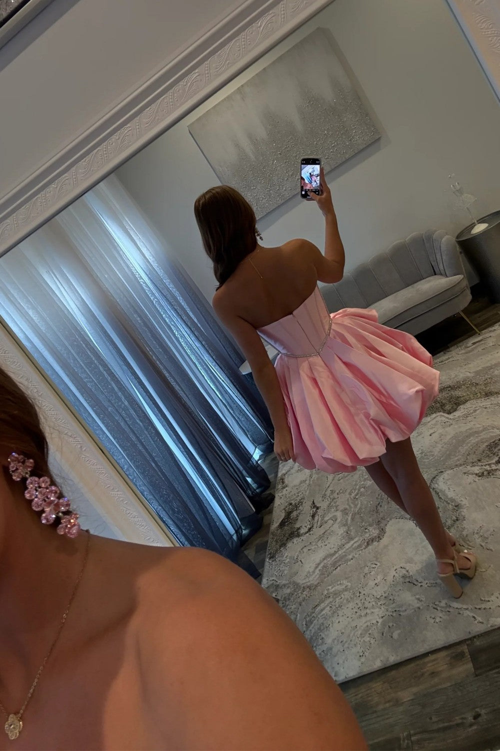 Pink Bubble Hem Homecoming Dress with Rhinestone Corset Bodice and Bow