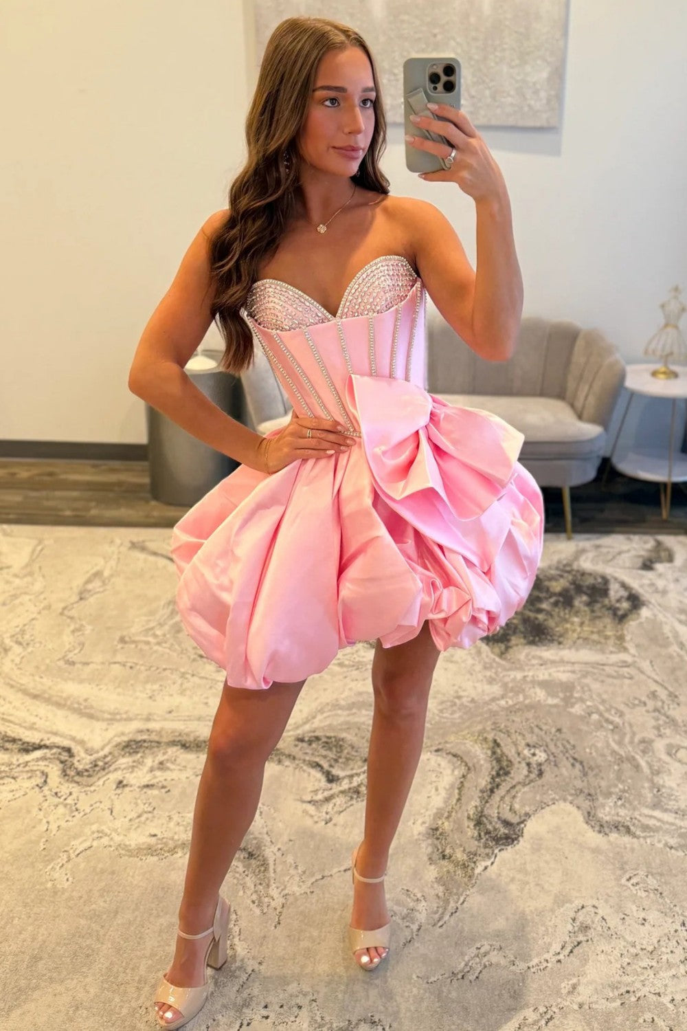 Pink Bubble Hem Homecoming Dress with Rhinestone Corset Bodice and Bow