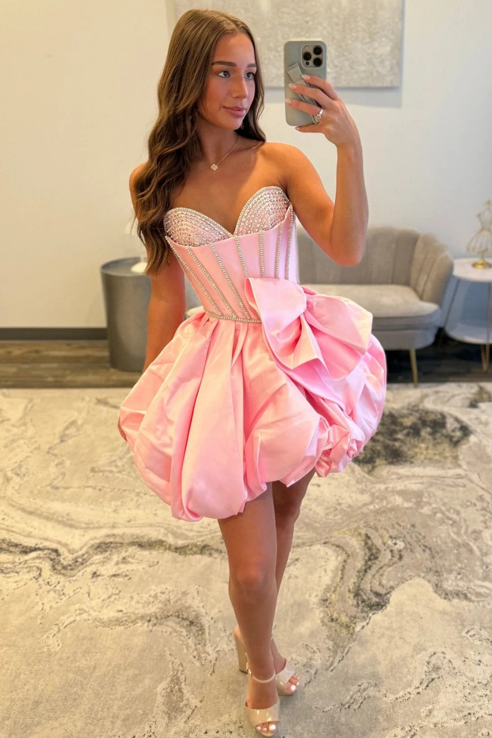 Pink Bubble Hem Homecoming Dress with Rhinestone Corset Bodice and Bow