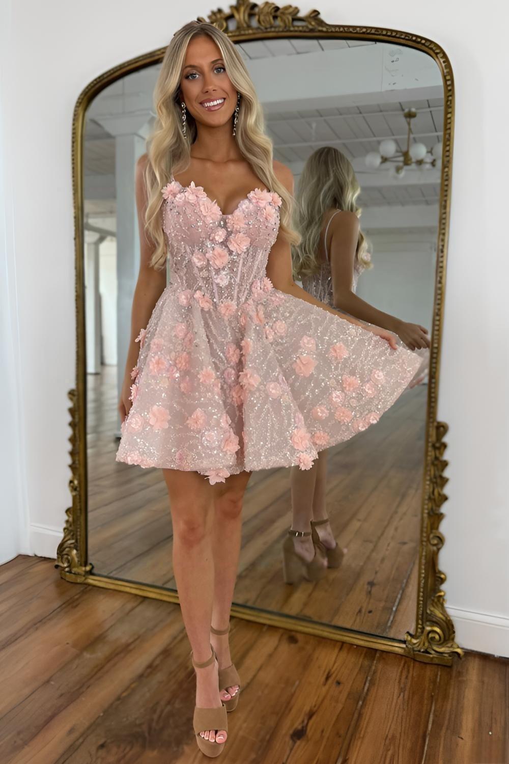 Furlla Women Pink Delicate A-Line Spaghetti Straps Glitter Homecoming Dress with 3D Flowers, Pink / US6
