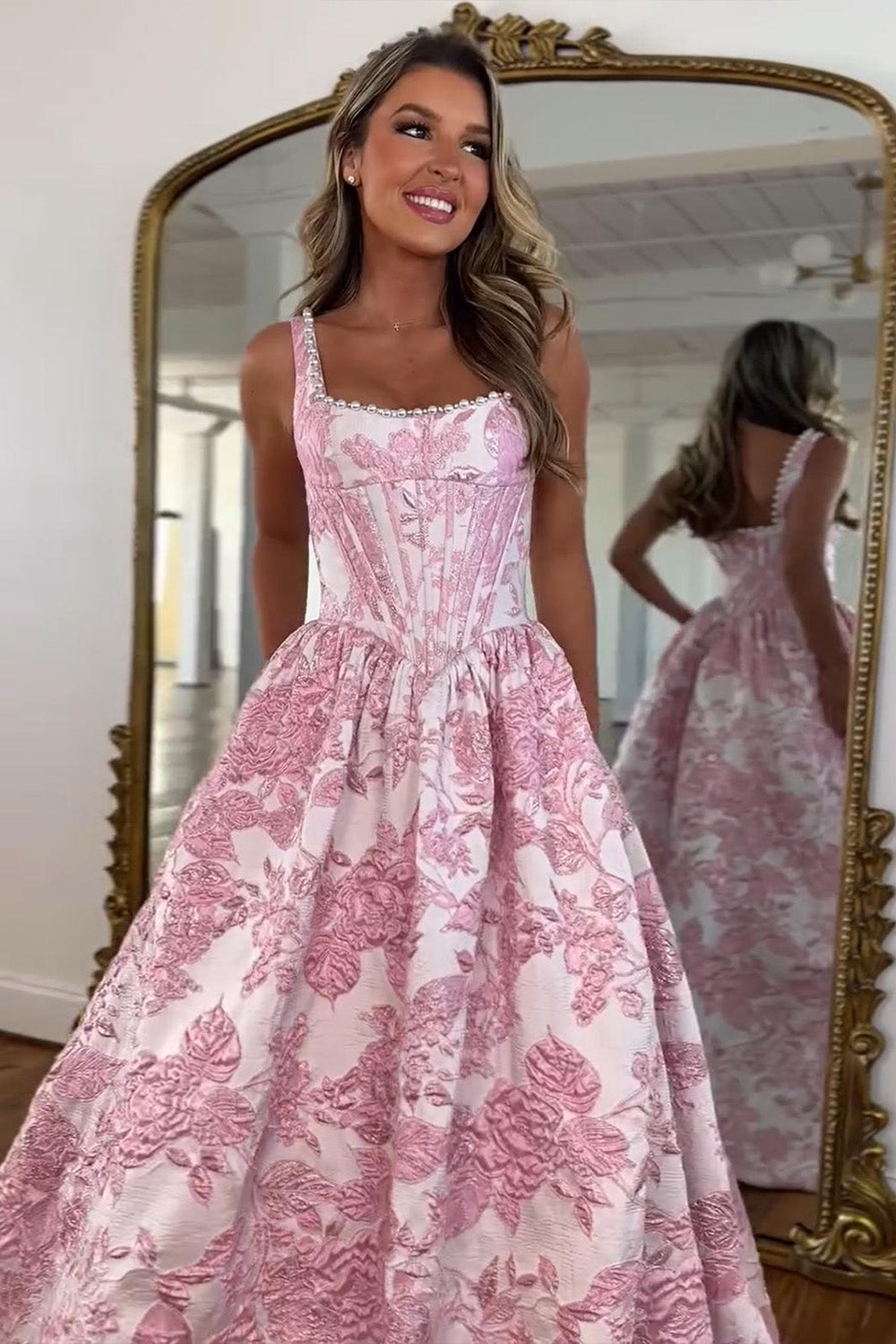 Furlla Women Pink Floral Corset Ball Gown Prom Dress with Pearl Beaded