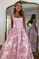 Pink Floral Corset Ball Gown Prom Dress with Pearl Beaded Straps